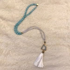 Long white and blue tassel necklace